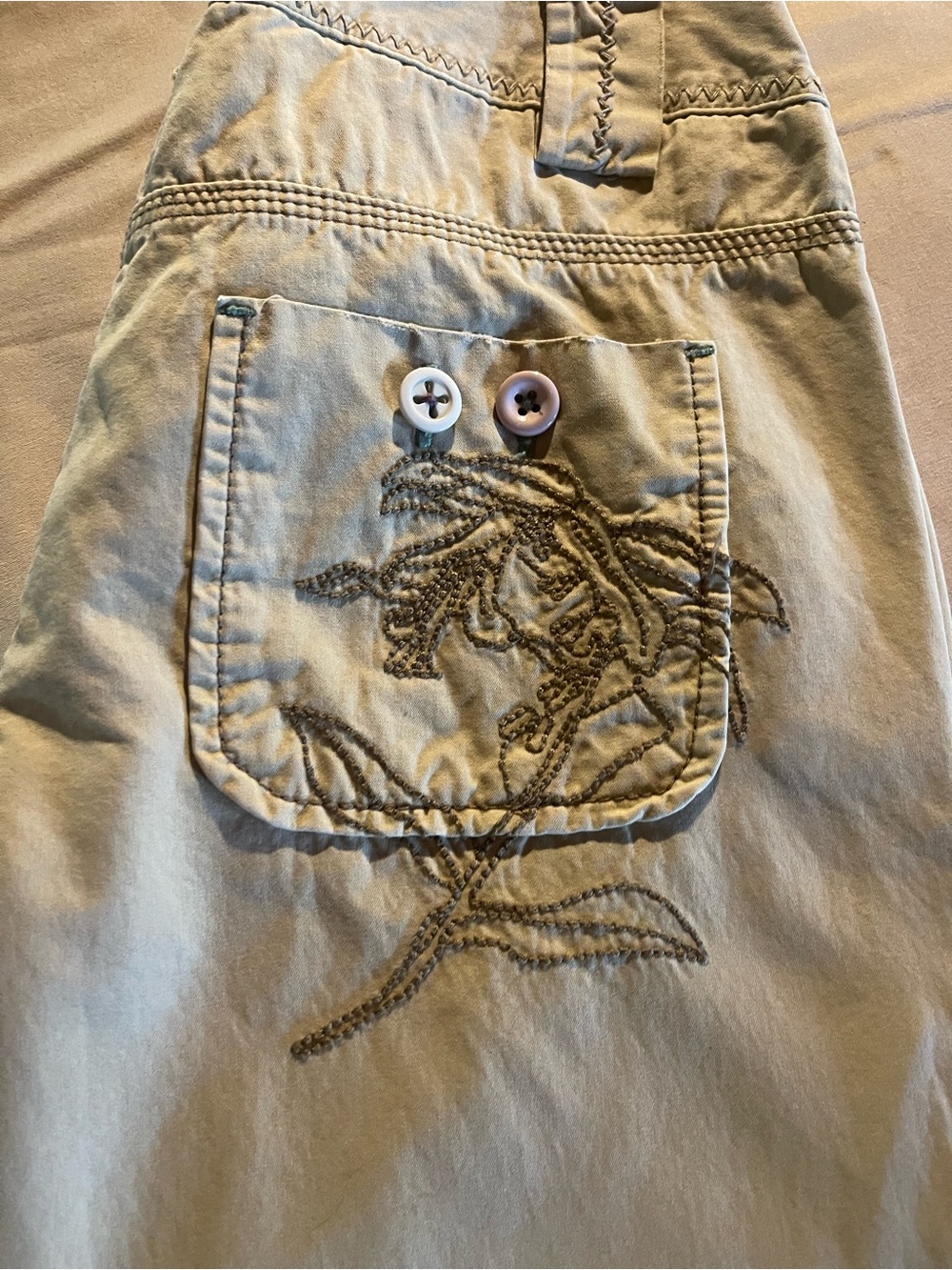 Anthropologie Khaki Embroidered Cargo Pants